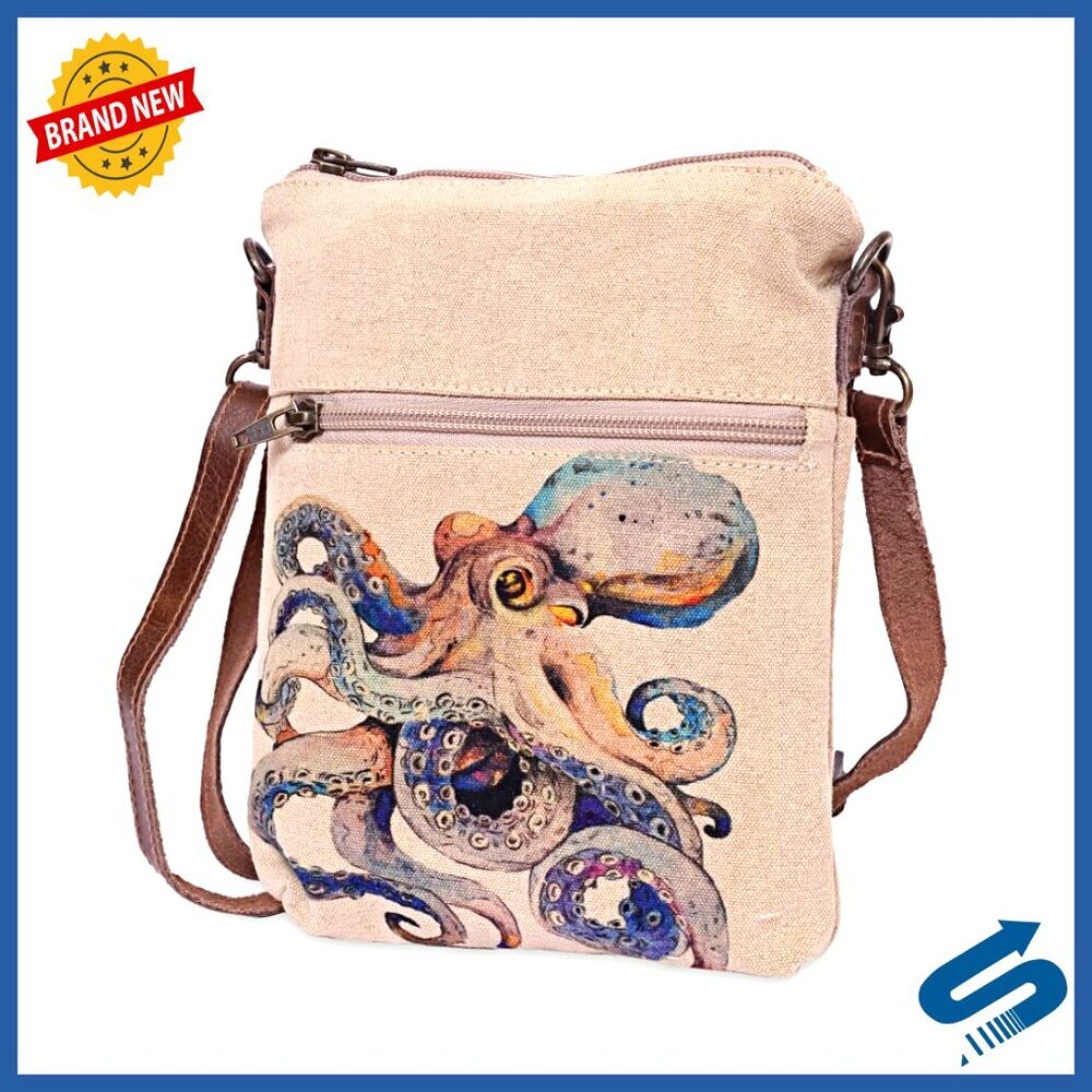 Small Crossbody Bag with Adjustable Leather Strap, Zippered Pocket, Vegan Canvas